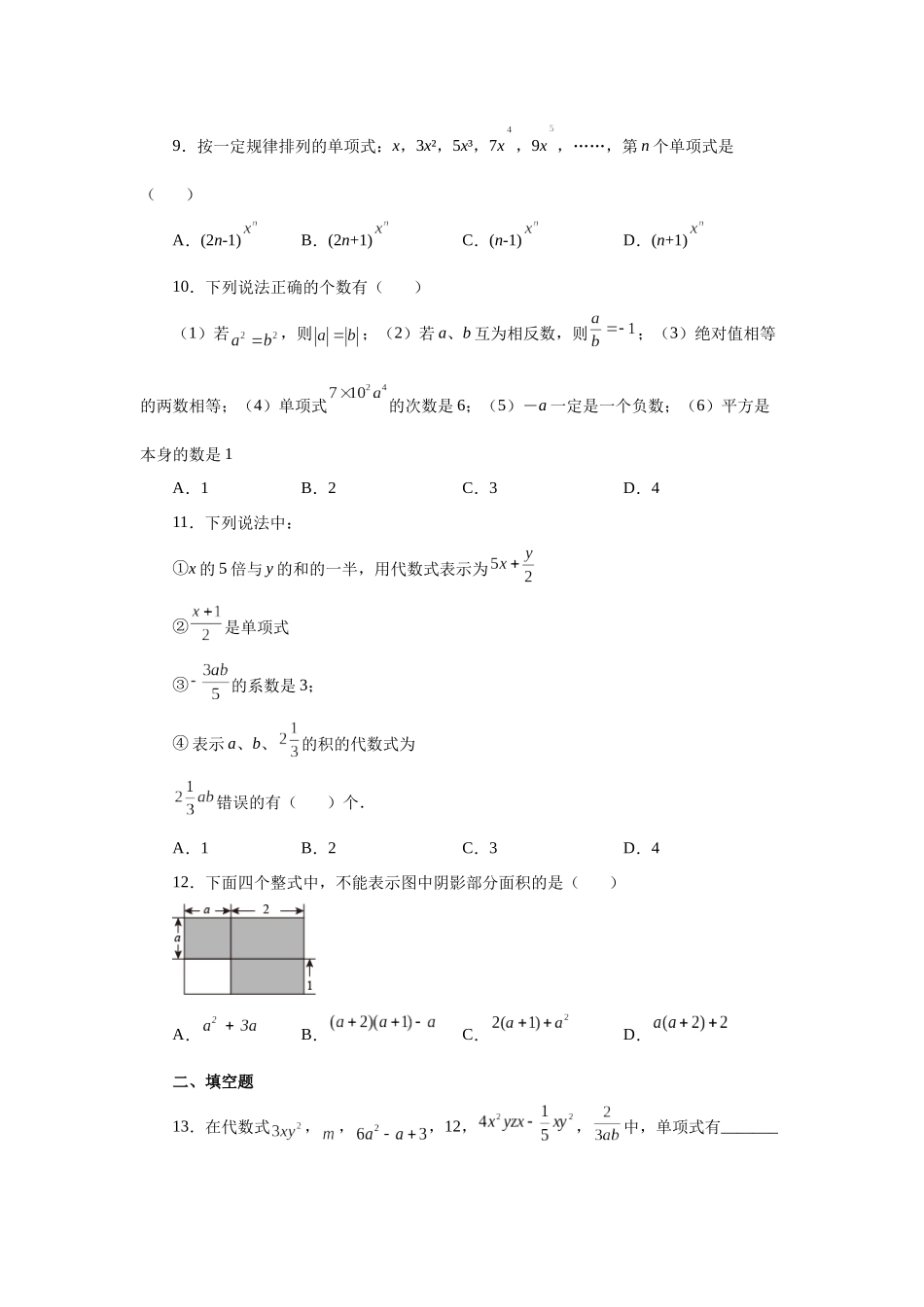 25秋人教七年级数学上册专项讲练2.5 单项式（基础篇）（专项练习）【附详解】.docx_第2页