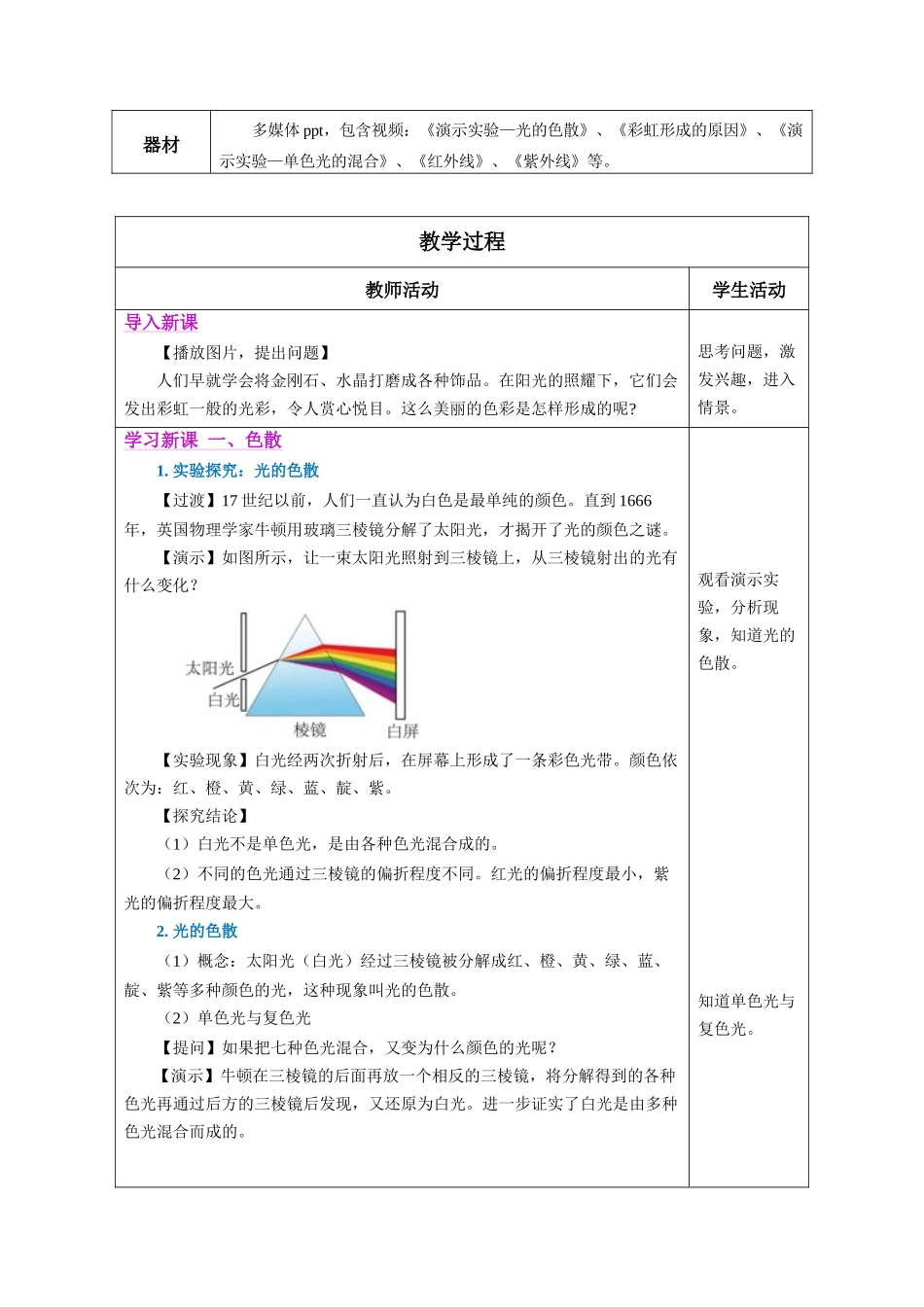  25秋人教八年级物理上册高效课堂4.5+光的色散（教学设计）.docx_第2页