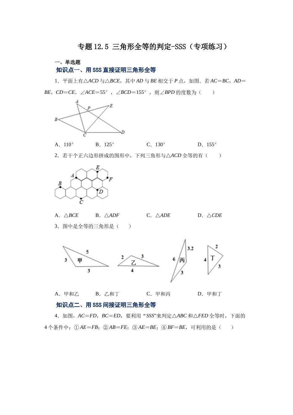 【25年秋季】新人教版八年级数学上册专项讲练专题12.5 三角形全等的判定-SSS（名师详细解析）.docx_第1页