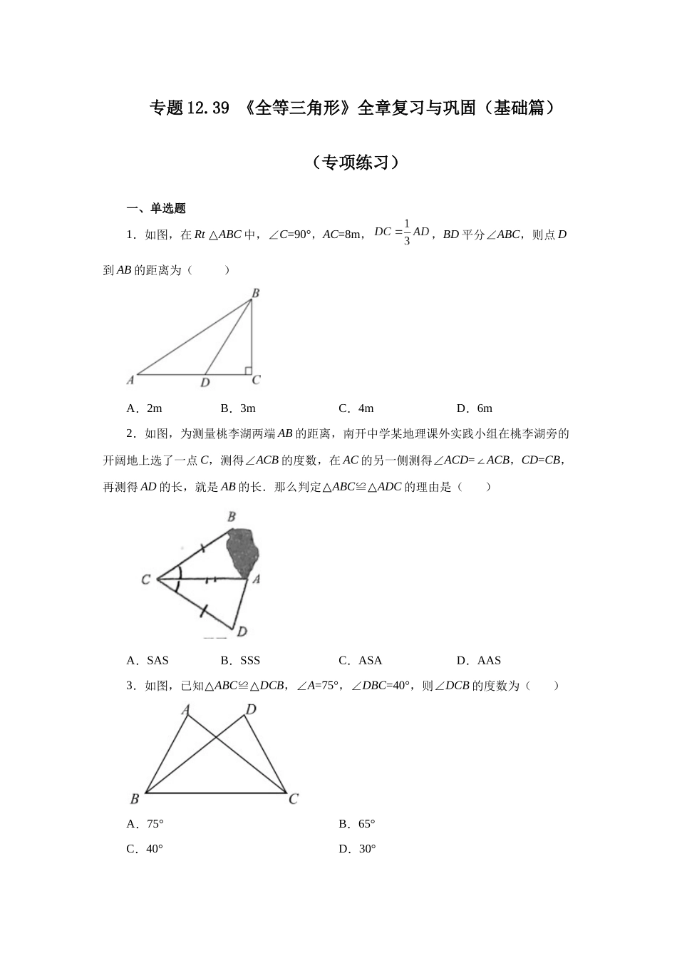 【25年秋季】新人教版八年级数学上册专项讲练专题12.39 《全等三角形》全章复习与巩固（基础篇）（名师详细解析）.docx_第1页