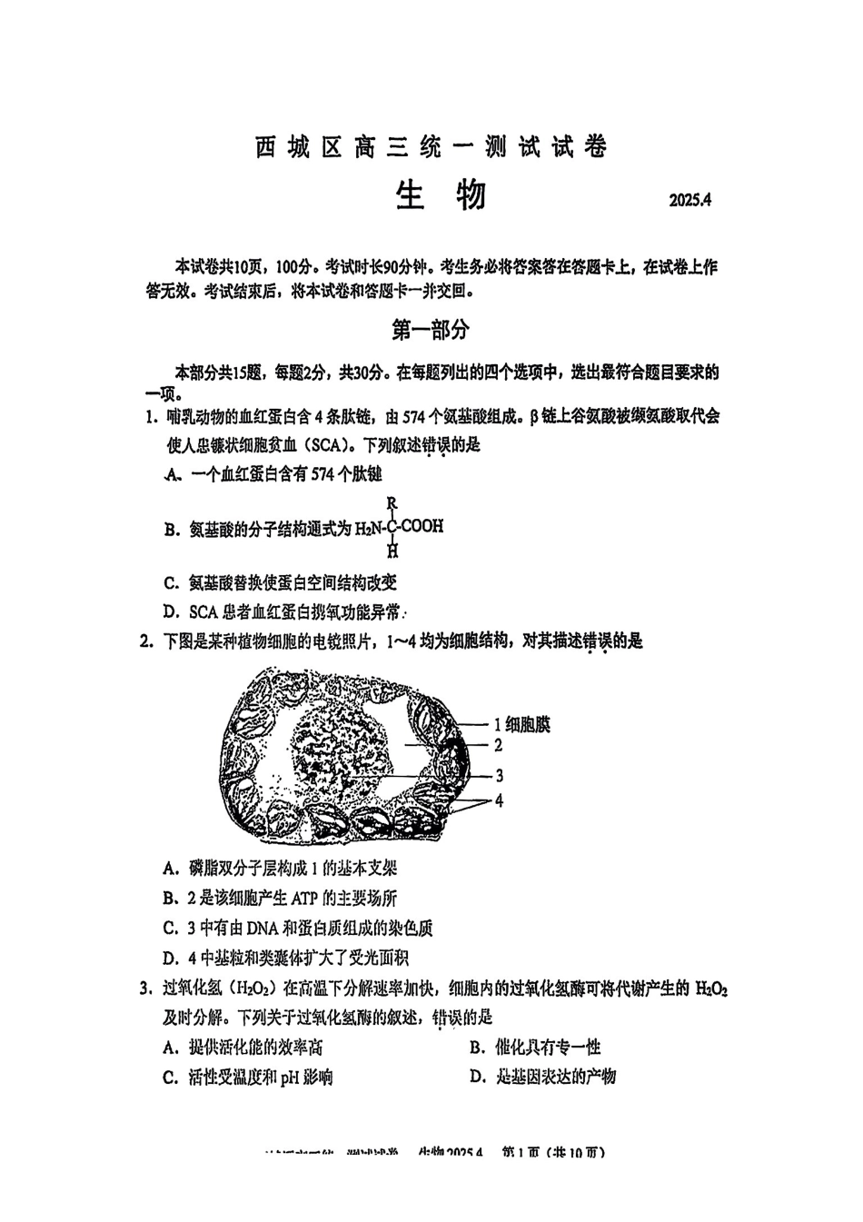 【北京卷】北京市2025年西城区2025届高三统一测试试卷（西城一模）（4.7-4.10）生物试题卷.pdf_第1页