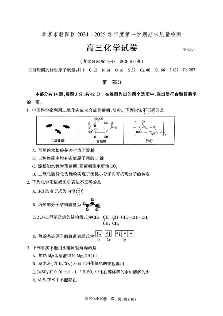 【北京卷】北京市朝阳区2024-2025学年高三第一学期期末质量检测考试（1.2-1.6）化学试卷+答案.pdf_第1页