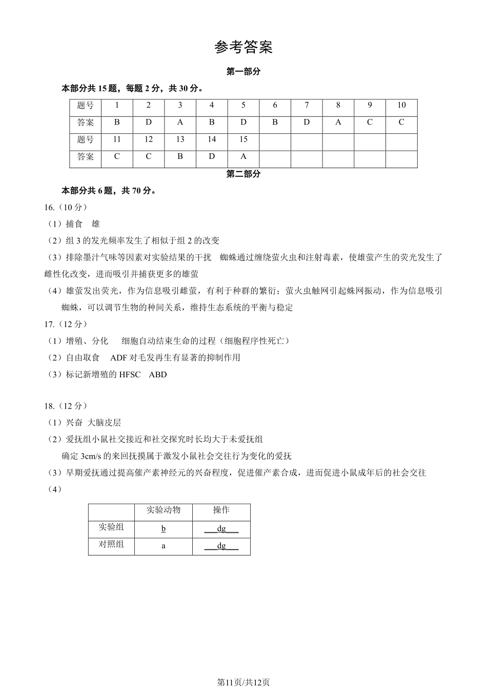 【北京卷】北京市东城区2024-2025学年度第二学期高三综合练习（一）（东城高三一模）（4.8开考4.8-4.11）生物试题卷答案.pdf_第1页