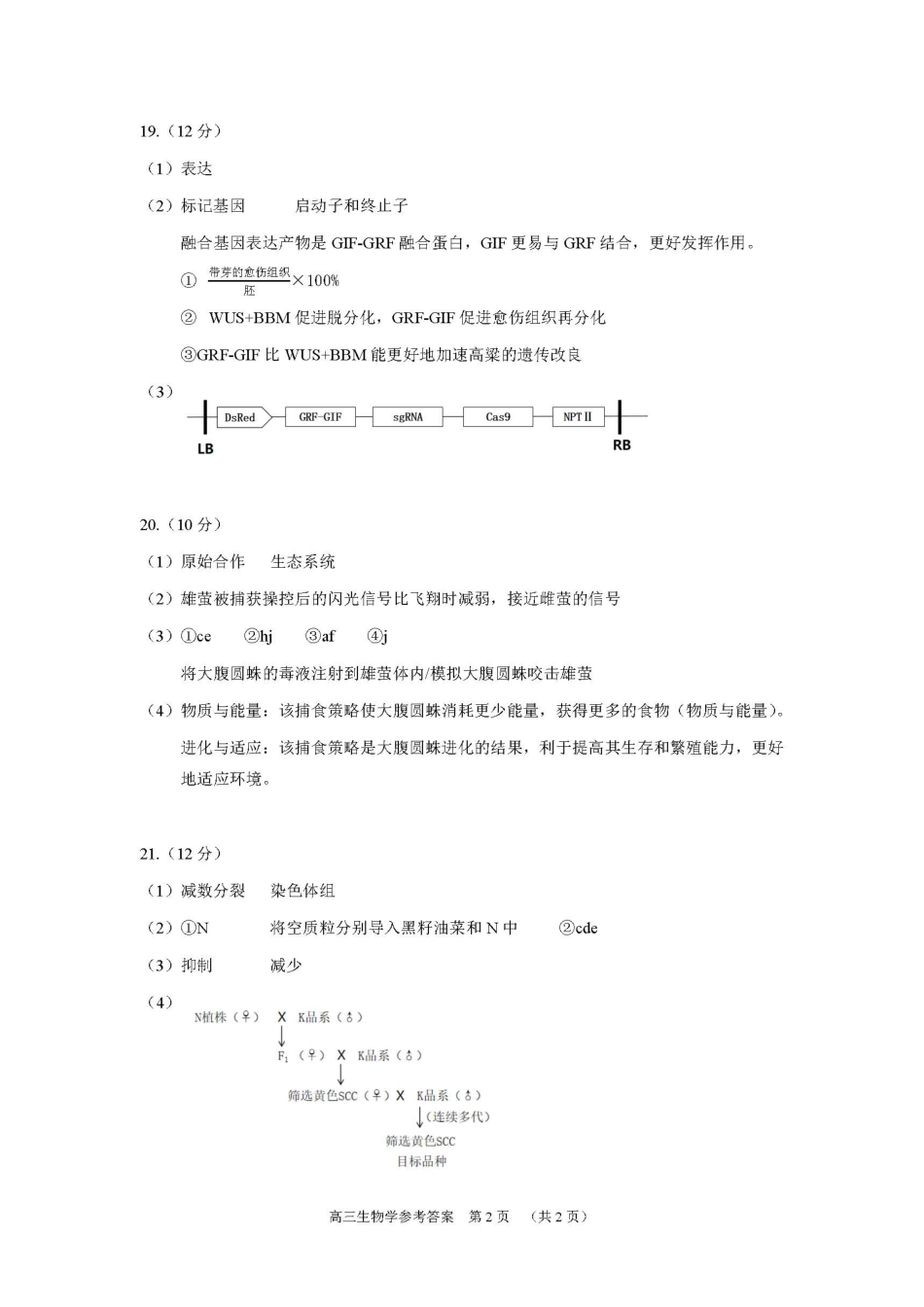【北京卷】北京市丰台区2024-2025学年度高三第二学期综合练习(一)（丰台一模）（3.27-3.30）生物试题卷答案.pdf_第2页