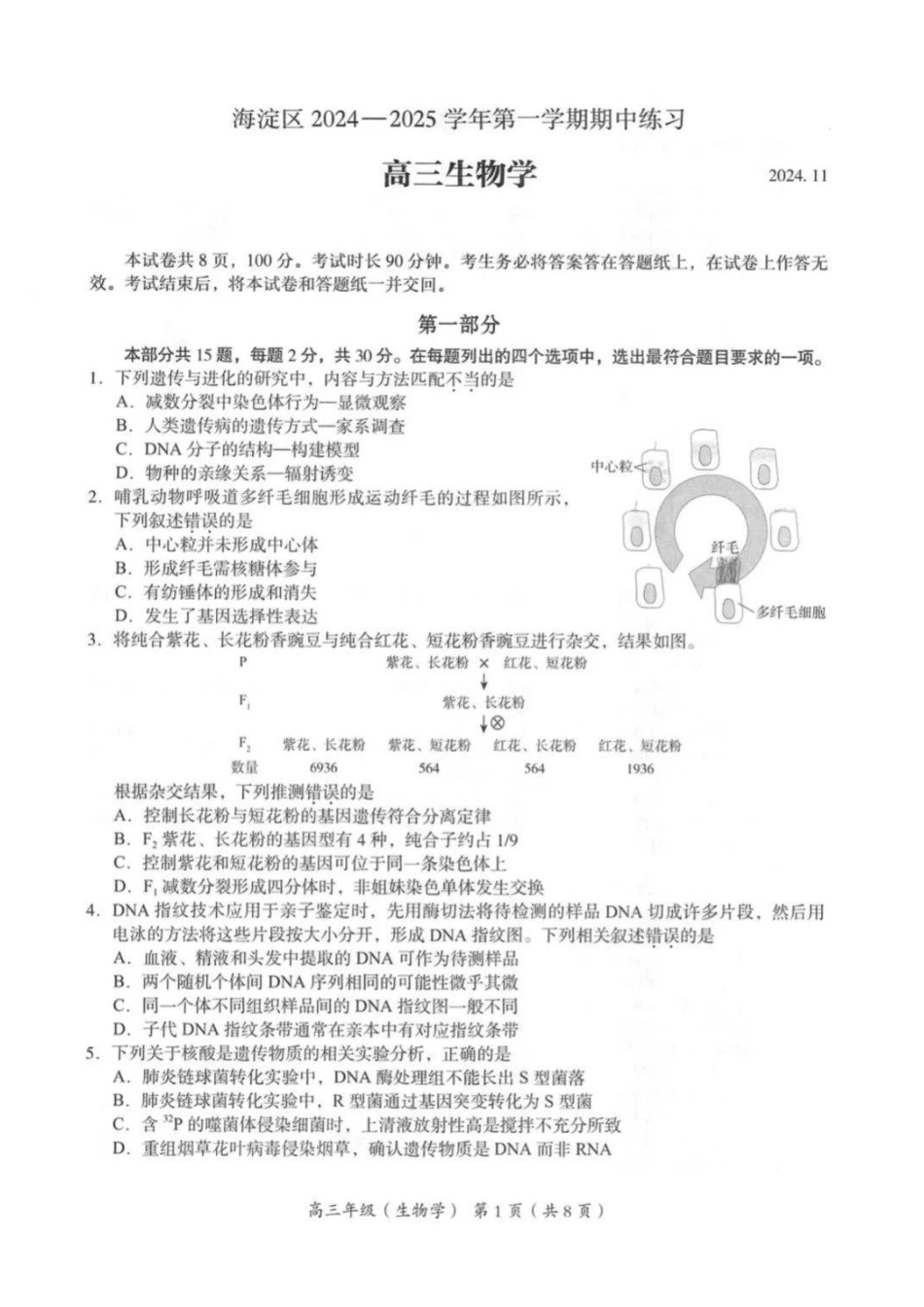 【北京卷】北京市海淀区2024-2025学年2025届高三第一学期期中练习（11.5-11.8）生物试卷.pdf_第1页