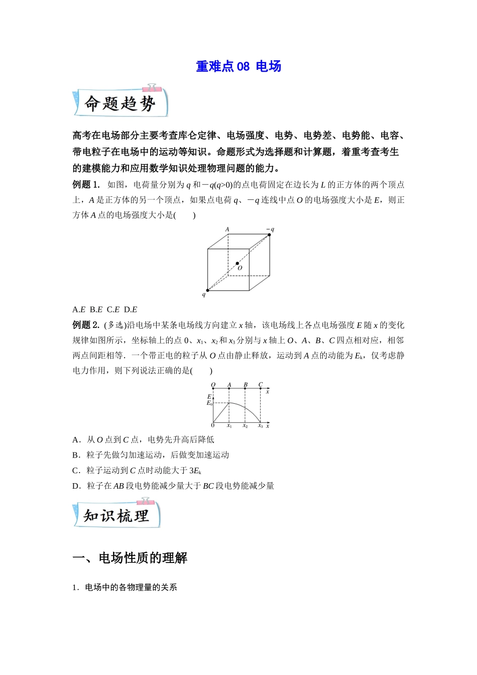 2023年高考物理热点重点难点专练（全国通用）-重难点08 电场（原卷版）.docx_第1页