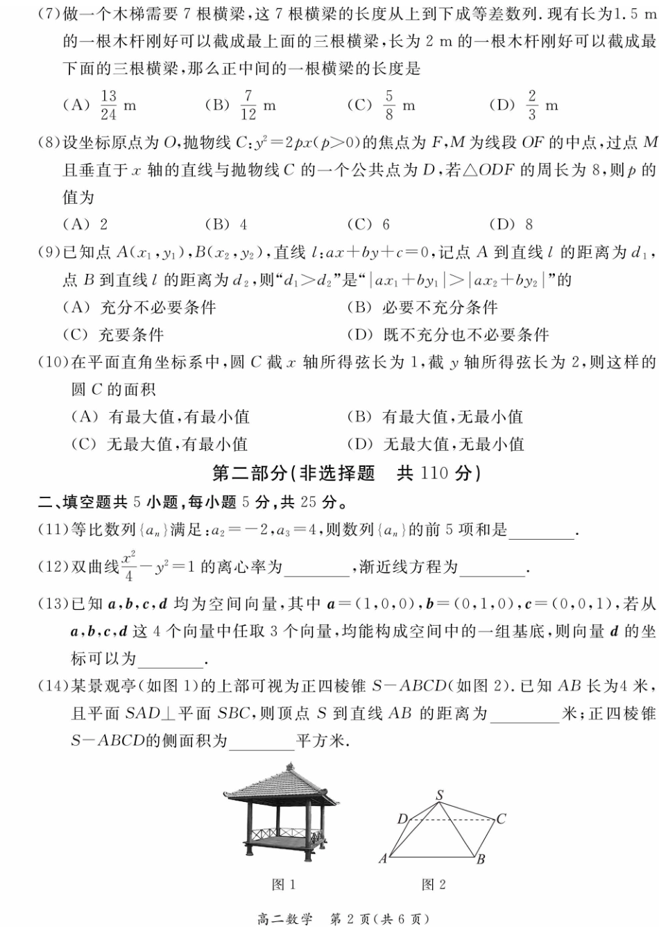 北京市东城区2024-2025学年高二上学期期末考试数学试卷（含答案）.pdf_第2页