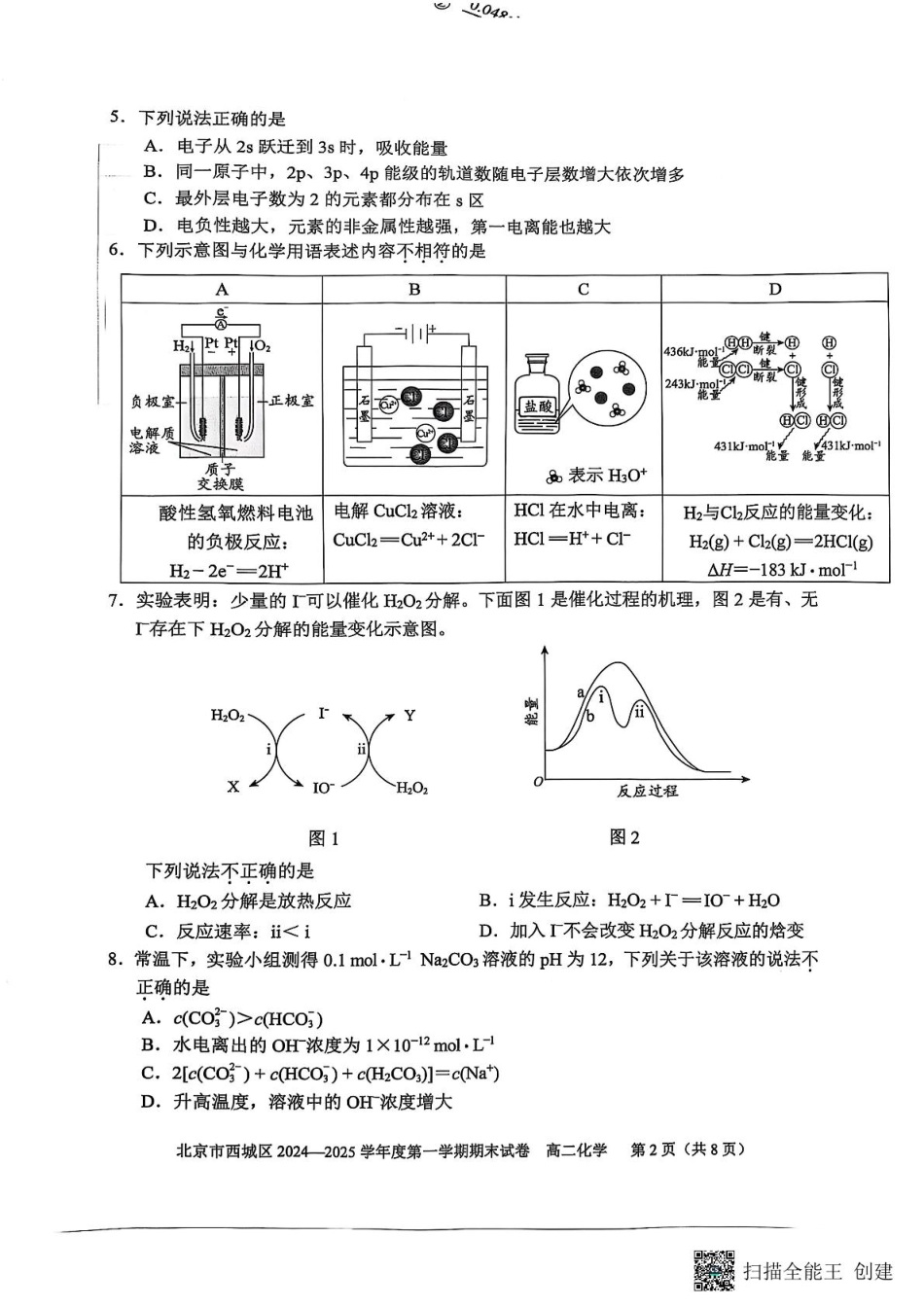 北京市西城区2024-2025学年高二上学期期末考试化学试卷.pdf_第2页