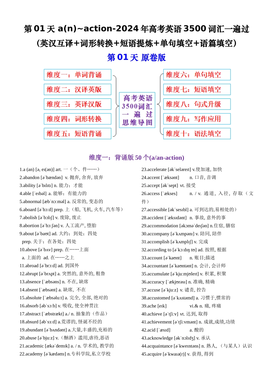 第01天 a(n)~action-2024年高考英语3500词汇一遍过（英汉互译+词形转换+短语提炼+单句填空+语篇填空）原卷版.docx_第1页