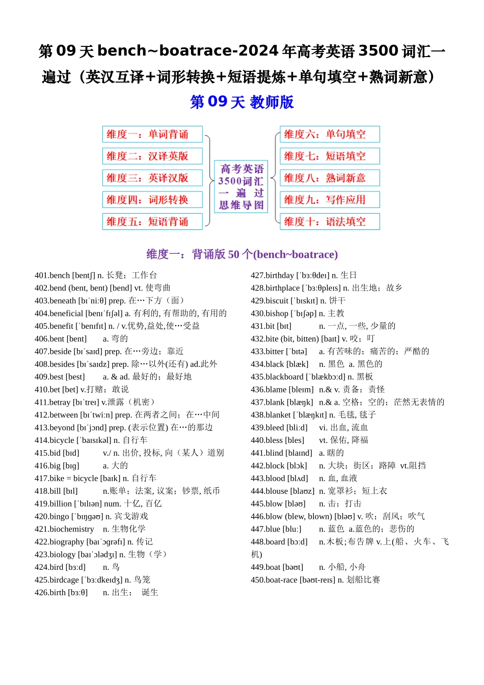 第09天bench~boatrace（英汉互译+词形转换+短语提炼+单句填空+语篇填空）-2024年高考英语3500词汇一遍过（教师版）.docx_第1页