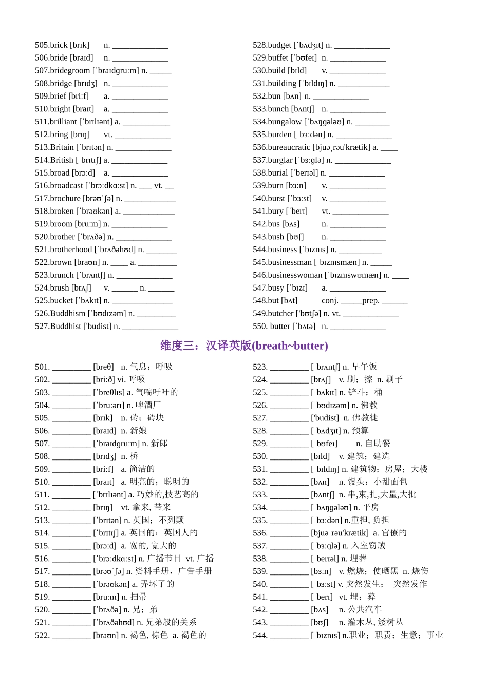 第11天 breath~butter（英汉互译+词形转换+短语提炼+单句填空+语篇填空）-2024年高考英语3500词汇一遍过（教师版）.docx_第2页