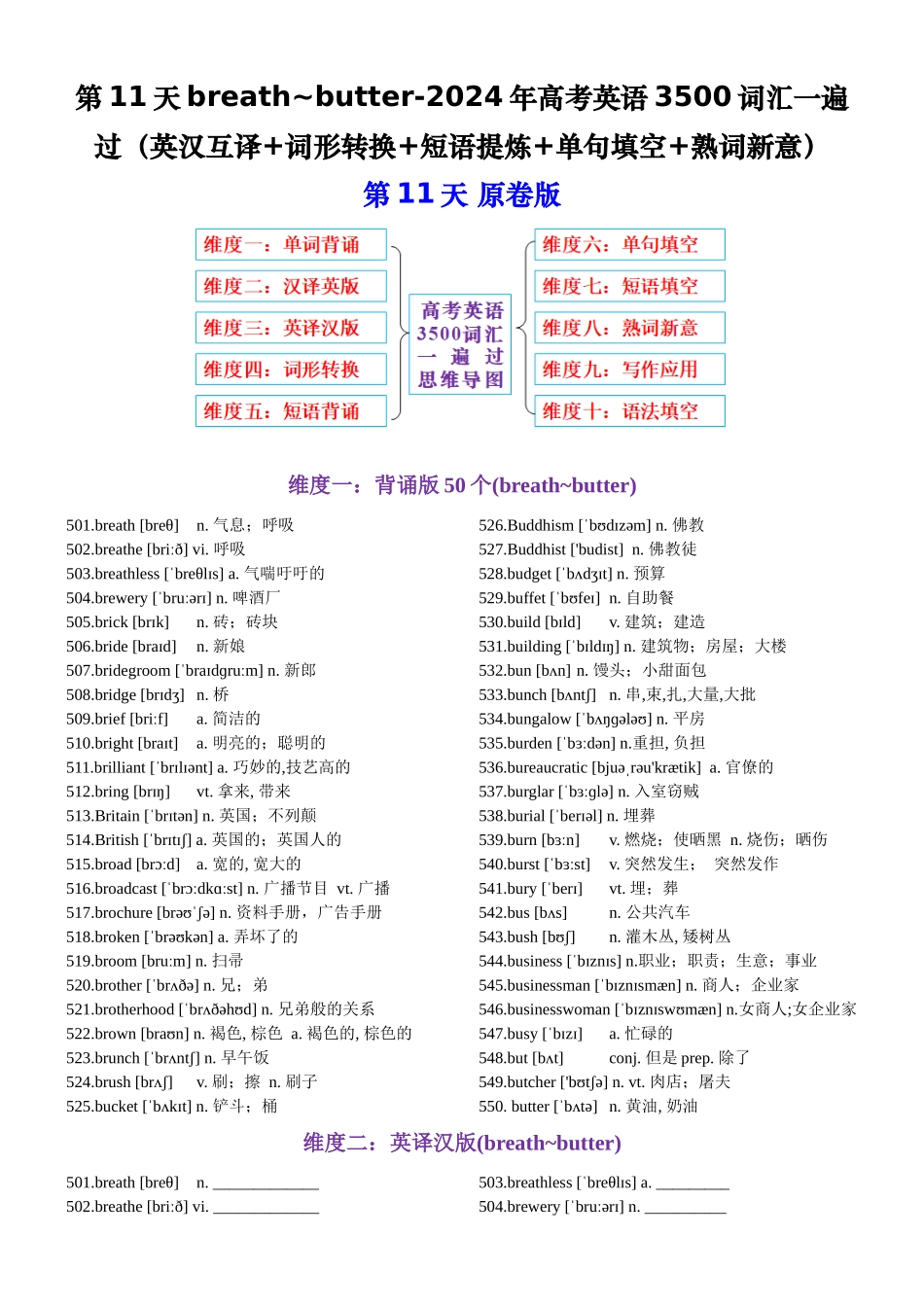 第11天 breath~butter（英汉互译+词形转换+短语提炼+单句填空+语篇填空）-2024年高考英语3500词汇一遍过（原卷版）.docx_第1页