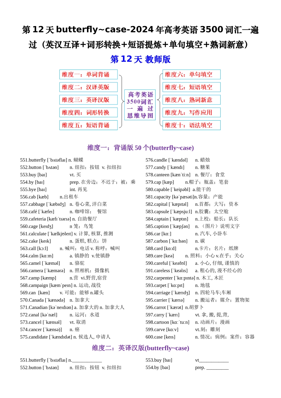 第12天 butterfly~case（英汉互译+词形转换+短语提炼+单句填空+语篇填空）-2024年高考英语3500词汇一遍过（教师版）.docx_第1页