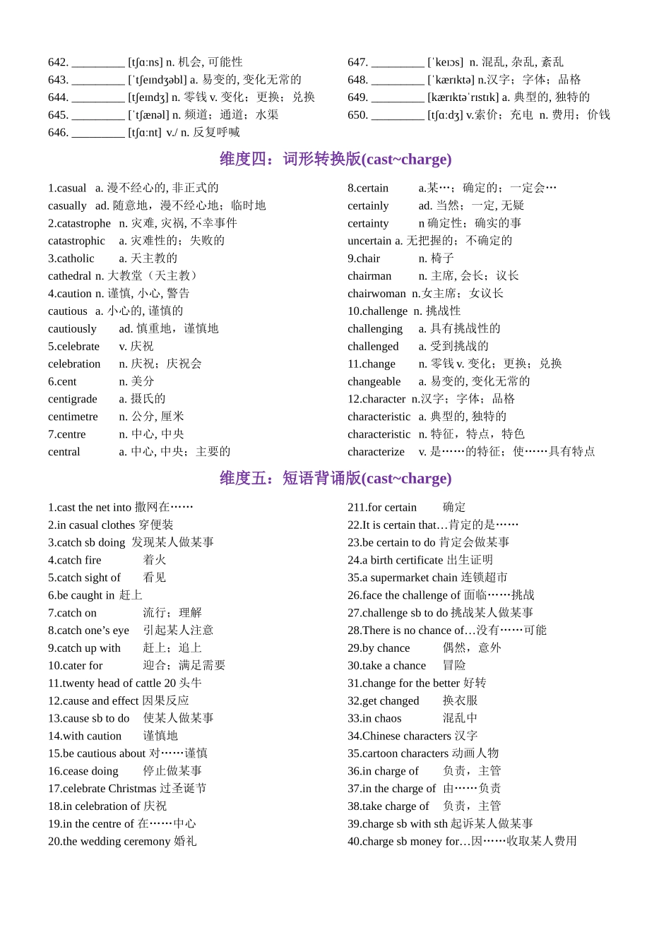 第13天 cast~charge（英汉互译+词形转换+短语提炼+单句填空+语篇填空）-2024年高考英语3500词汇一遍过（原卷版）.docx_第3页