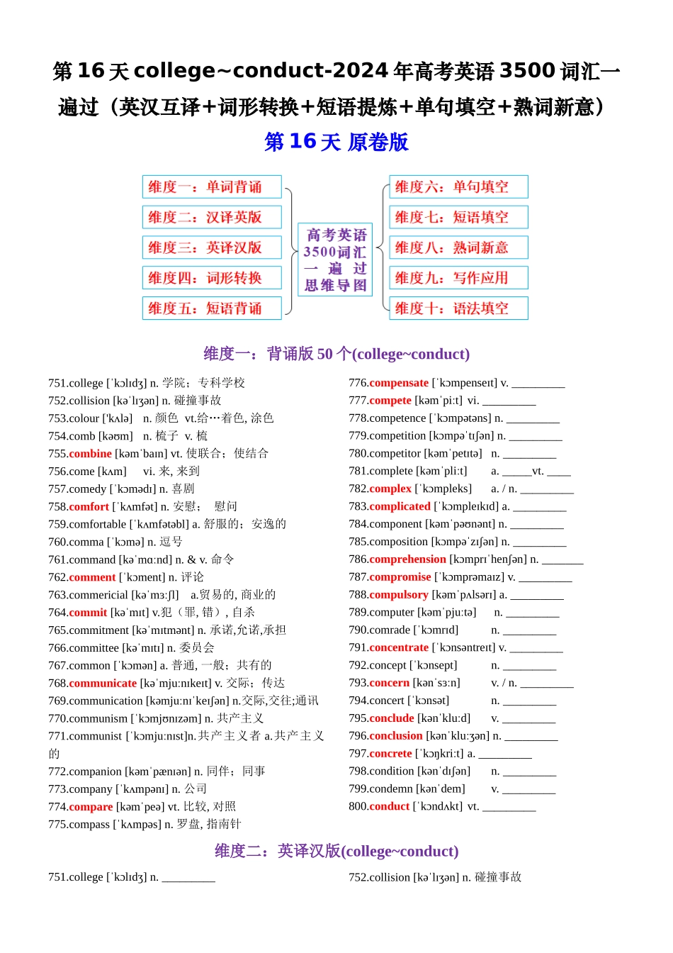 第16天 college~conduct（英汉互译+词形转换+短语提炼+单句填空+语篇填空）-2024年高考英语3500词汇一遍过（原卷版）.docx_第1页