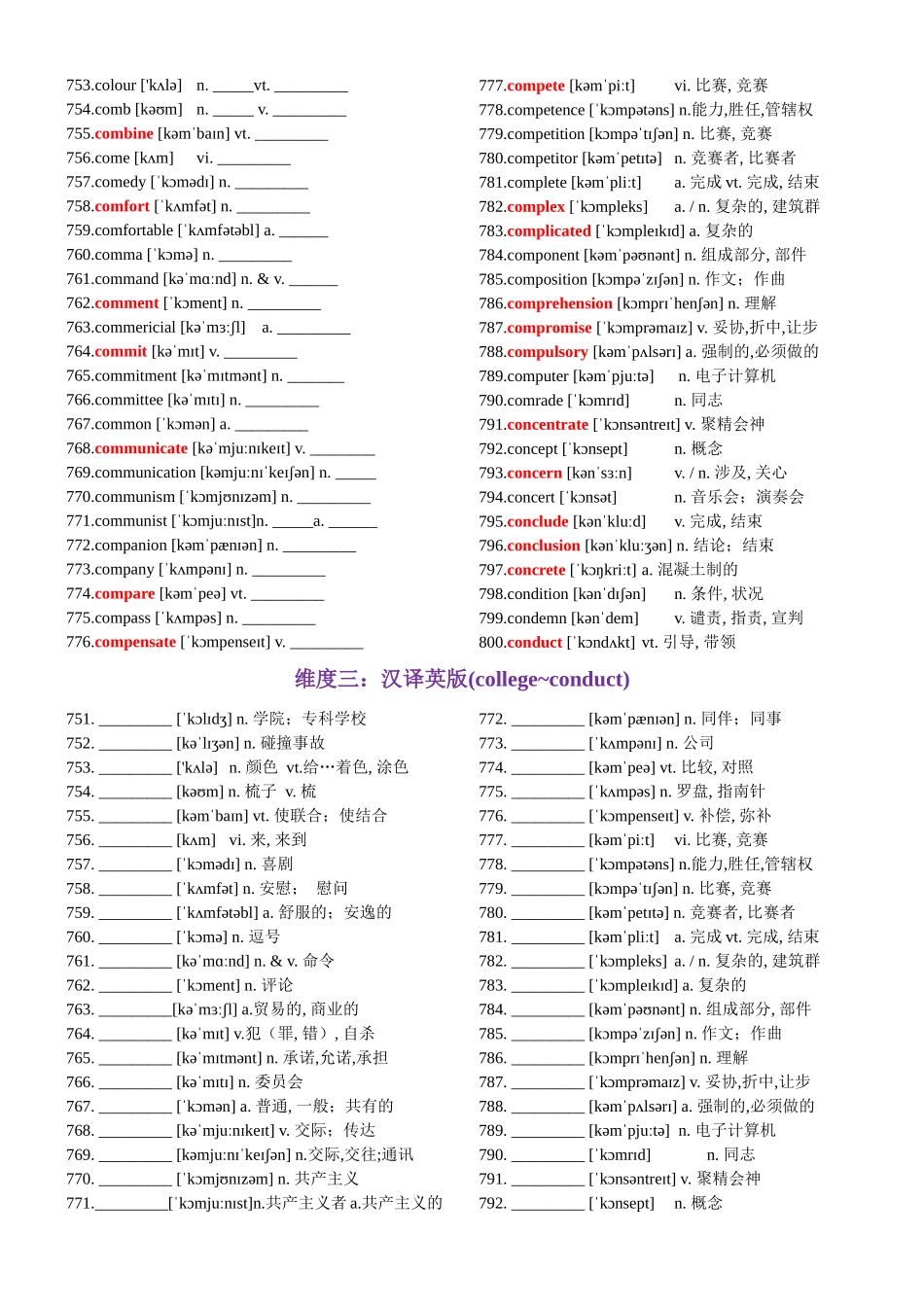 第16天 college~conduct（英汉互译+词形转换+短语提炼+单句填空+语篇填空）-2024年高考英语3500词汇一遍过（原卷版）.docx_第2页