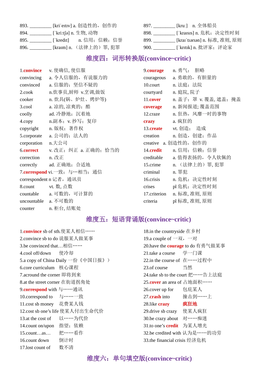 第18天 convince~critic（英汉互译+词形转换+短语提炼+单句填空+语篇填空）-2024年高考英语3500词汇一遍过（教师版）.docx_第3页