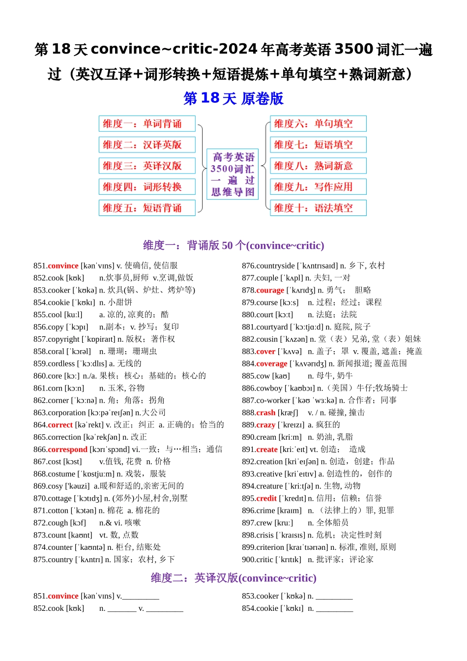 第18天 convince~critic（英汉互译+词形转换+短语提炼+单句填空+语篇填空）-2024年高考英语3500词汇一遍过（原卷版）.docx_第1页