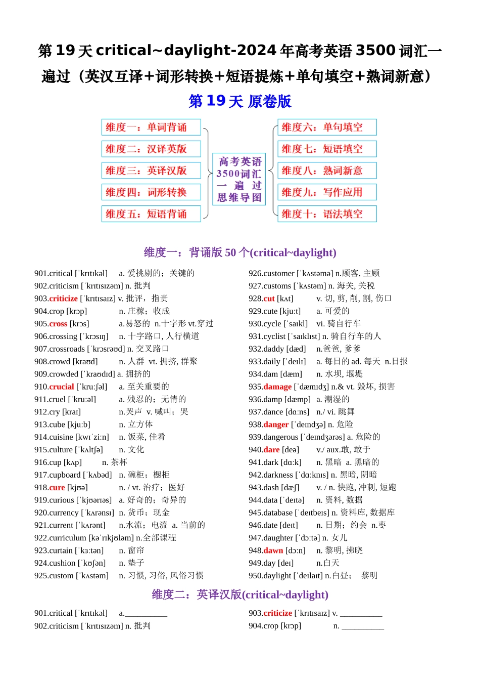 第19天 critical~daylight（英汉互译+词形转换+短语提炼+单句填空+语篇填空）-2024年高考英语3500词汇一遍过（原卷版）.docx_第1页