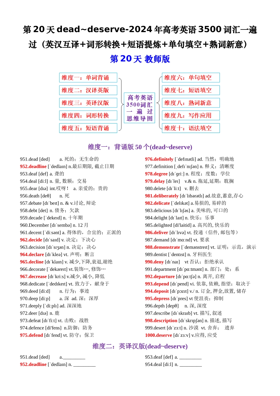 第20天 dead~deserve（英汉互译+词形转换+短语提炼+单句填空+语篇填空）-2024年高考英语3500词汇一遍过（教师版）.docx_第1页