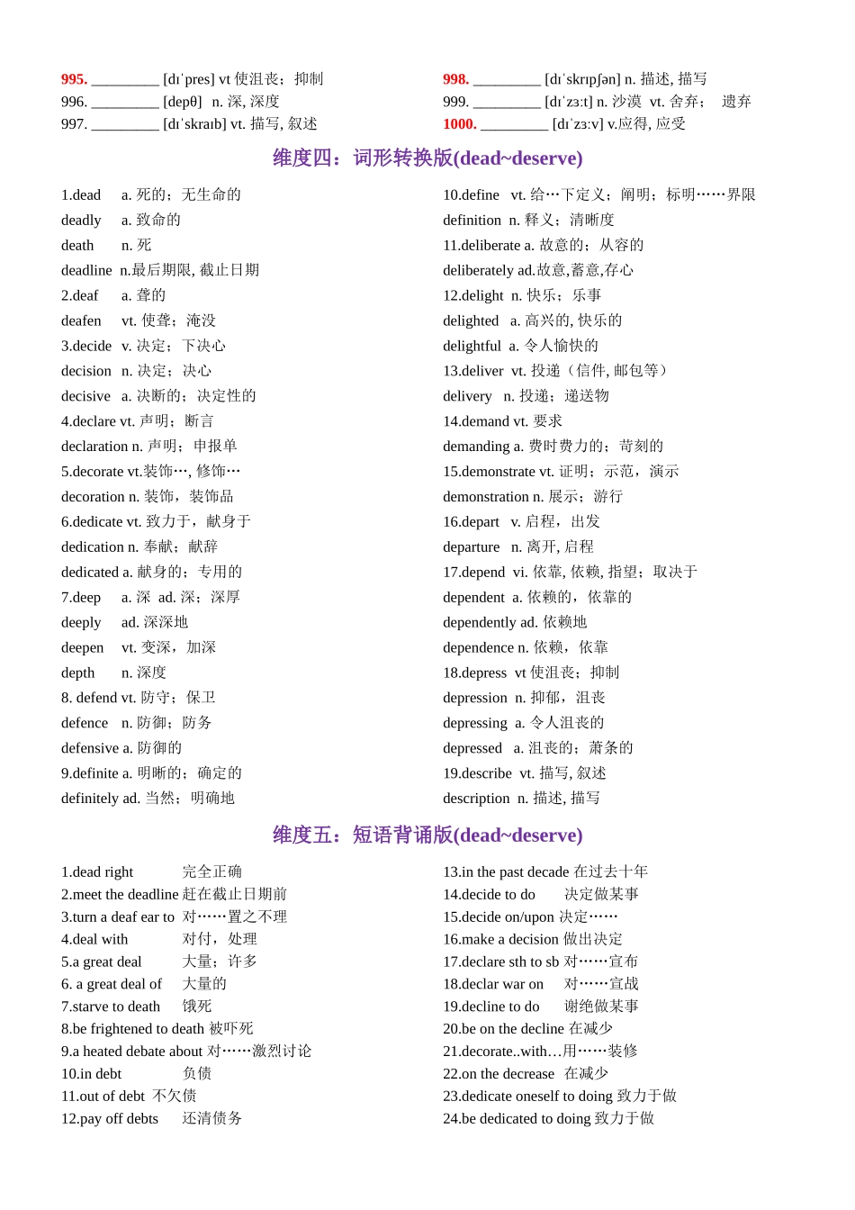 第20天 dead~deserve（英汉互译+词形转换+短语提炼+单句填空+语篇填空）-2024年高考英语3500词汇一遍过（教师版）.docx_第3页