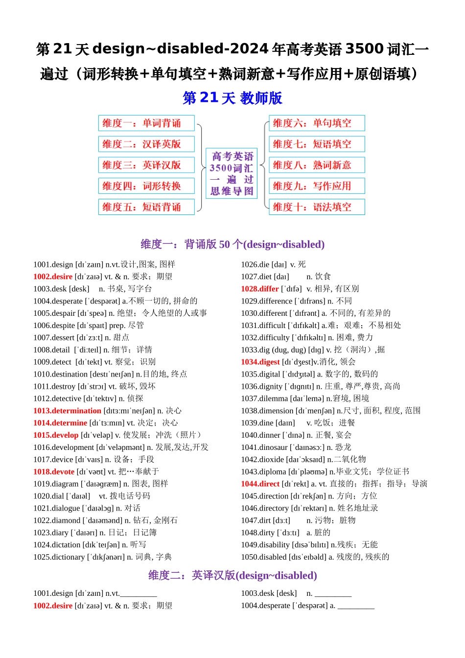 第21天design~disabled（词形转换+单句填空+熟词新意+写作应用+原创语填）-2024年高考英语3500词汇一遍过（教师版）.docx_第1页