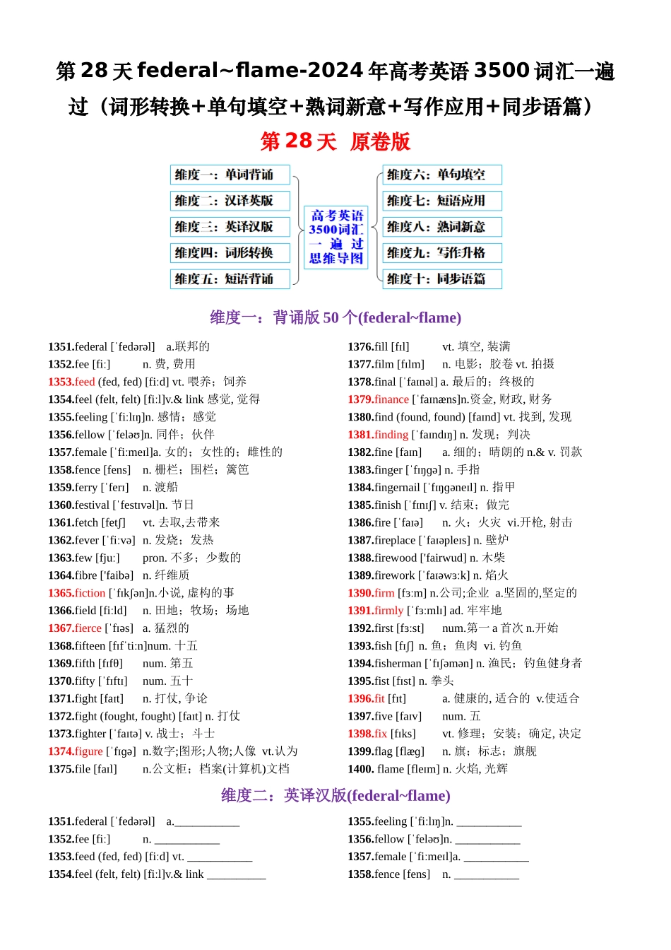 第28天 federal~flame（词形转换+单句填空+熟词新意+写作应用+同步语篇）-2024年高考英语3500词汇一遍过（原卷版）.docx_第1页