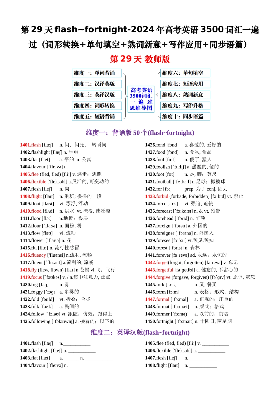 第29天 flash~fortnight（词形转换+单句填空+熟词新意+写作应用+同步语篇）-2024年高考英语3500词汇一遍过（教师版）.docx_第1页