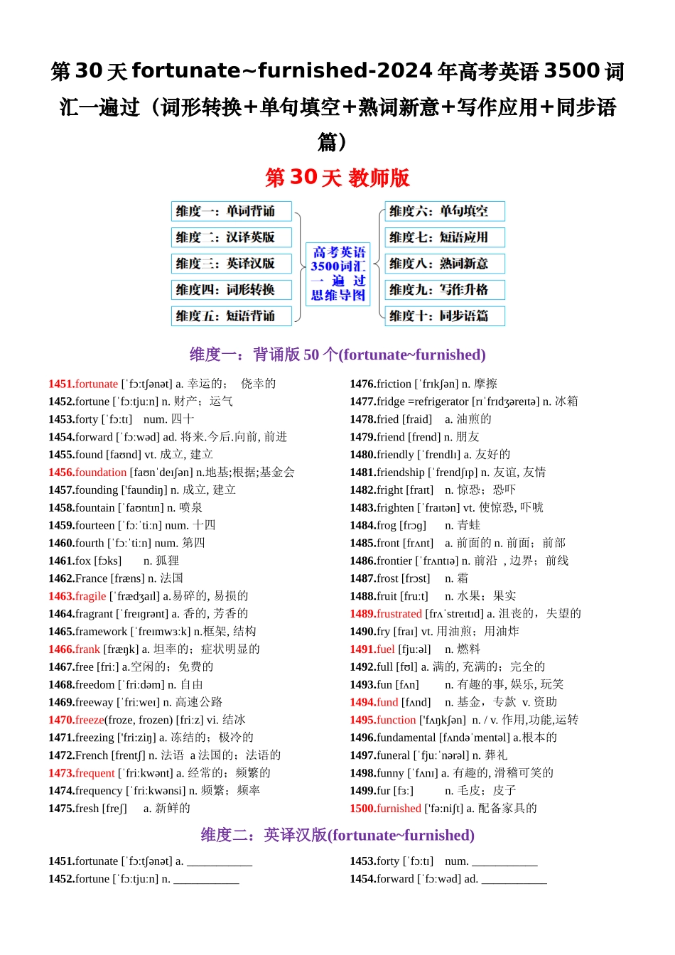 第30天  fortunately-fund（词形转换+单句填空+熟词新意+写作应用+同步语篇）-2024年高考英语3500词汇一遍过（教师版）.docx_第1页
