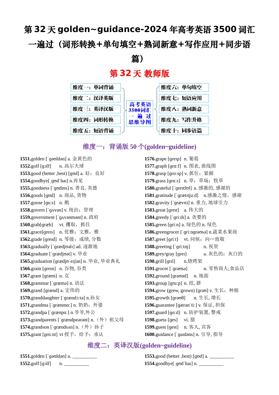 第32天 golden-guidance（词形转换+单句填空+熟词新意+写作应用+同步语篇）-2024年高考英语3500词汇一遍过（教师版）.docx_第1页