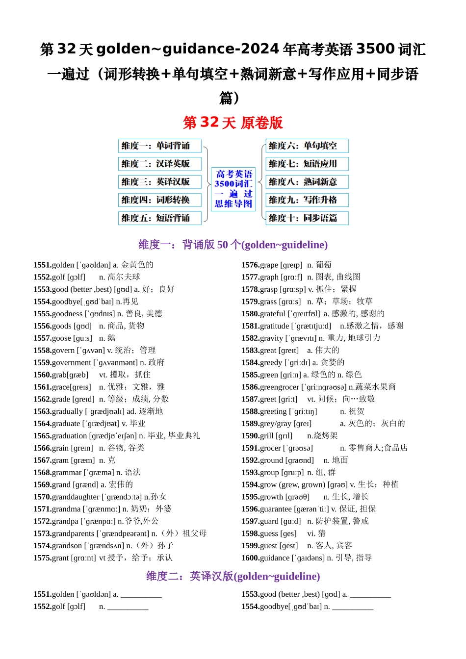 第32天 golden-guidance（词形转换+单句填空+熟词新意+写作应用+同步语篇）-2024年高考英语3500词汇一遍过（原卷版）.docx_第1页