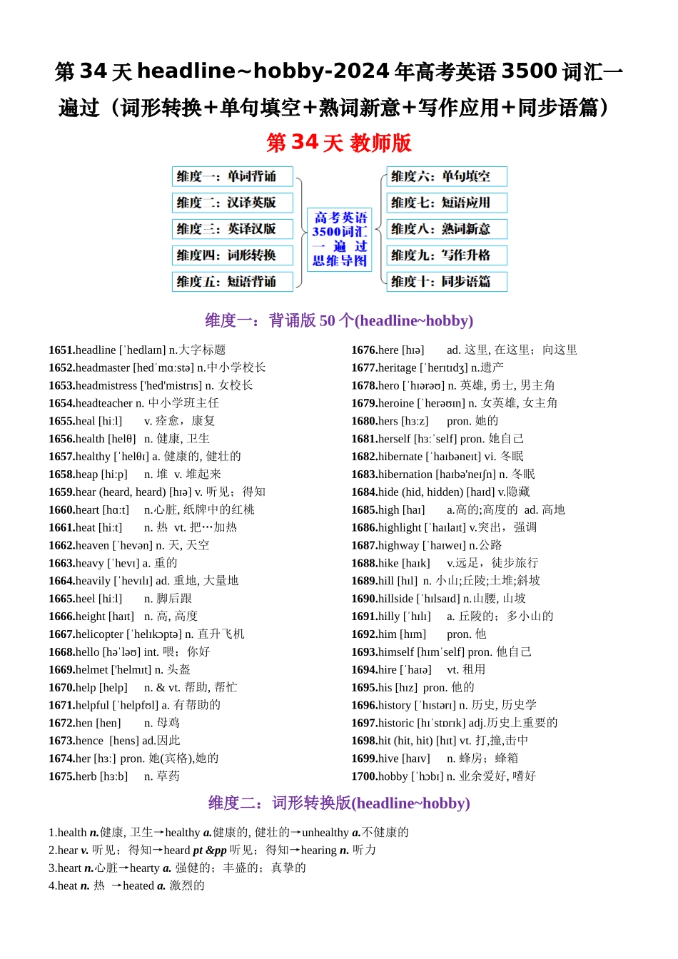 第34天 headline-hobby（词形转换+单句填空+熟词新意+写作应用+同步语篇）-2024年高考英语3500词汇一遍过（教师版）.docx_第1页