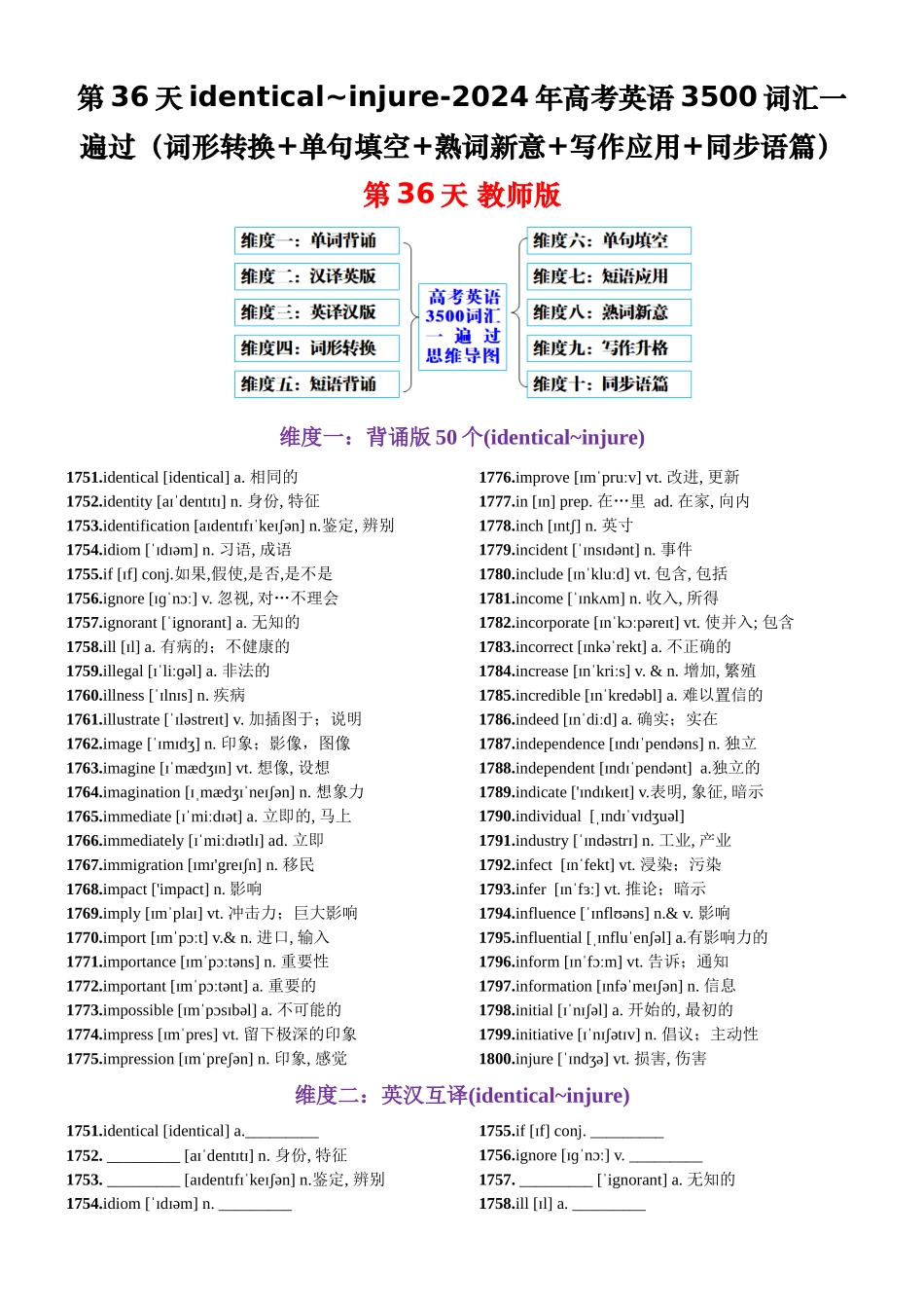 第36天  identical~injure（词形转换+单句填空+熟词新意+写作应用+同步语篇）-2024年高考英语3500词汇一遍过（教师版）.docx_第1页