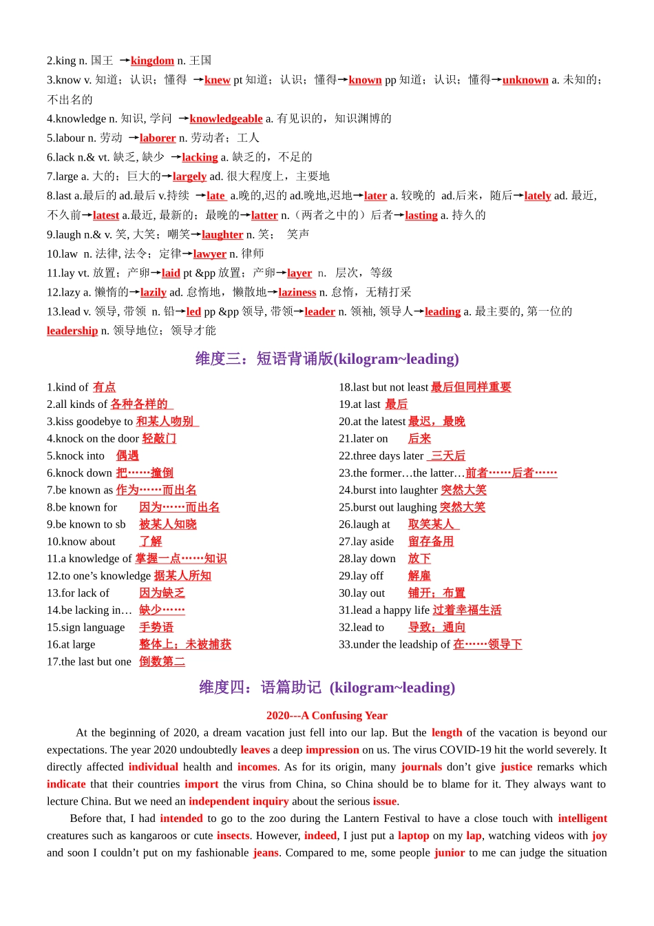 第39天 kilogram~leading（词形转换+单句填空+熟词新意+写作应用+同步语篇）-2024年高考英语3500词汇一遍过（教师版）.docx_第2页