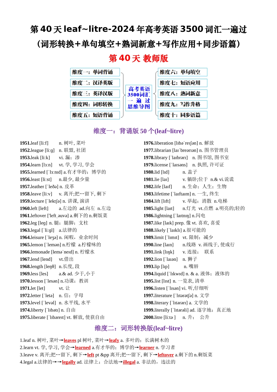 第40天 leaf~litre（词形转换+单句填空+熟词新意+写作应用+同步语篇）-2024年高考英语3500词汇一遍过（教师版）.docx_第1页