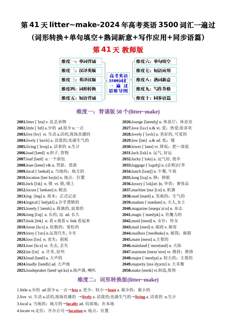 第41天 litter~make（词形转换+单句填空+熟词新意+写作应用+同步语篇）-2024年高考英语3500词汇一遍过（教师版）.docx_第1页