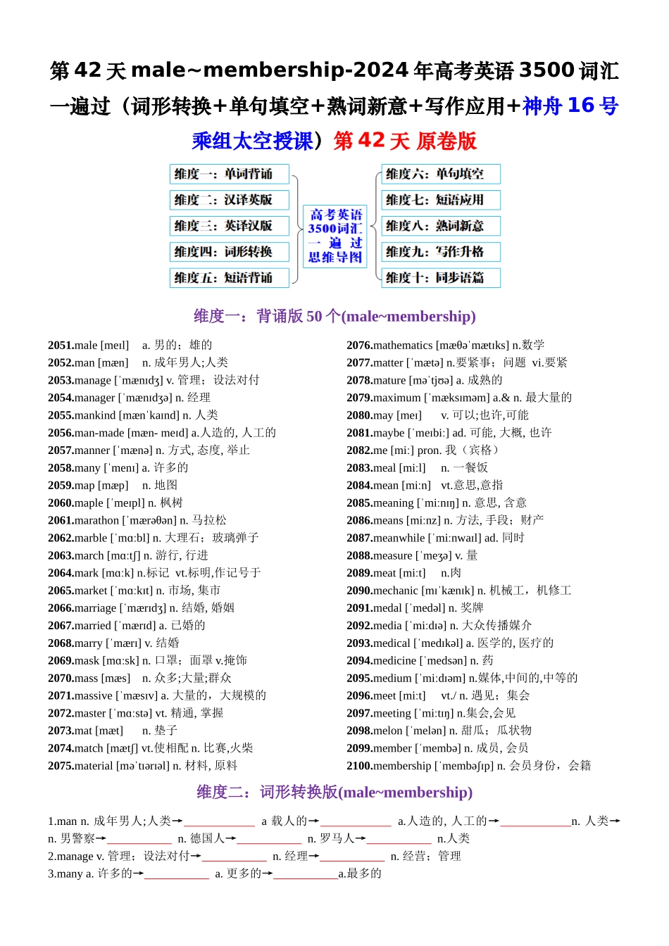 第42天 male~membership（词形转换+单句填空+熟词新意+神舟16号乘组太空授课）-2024年高考英语3500词汇一遍过（原卷版）.docx_第1页