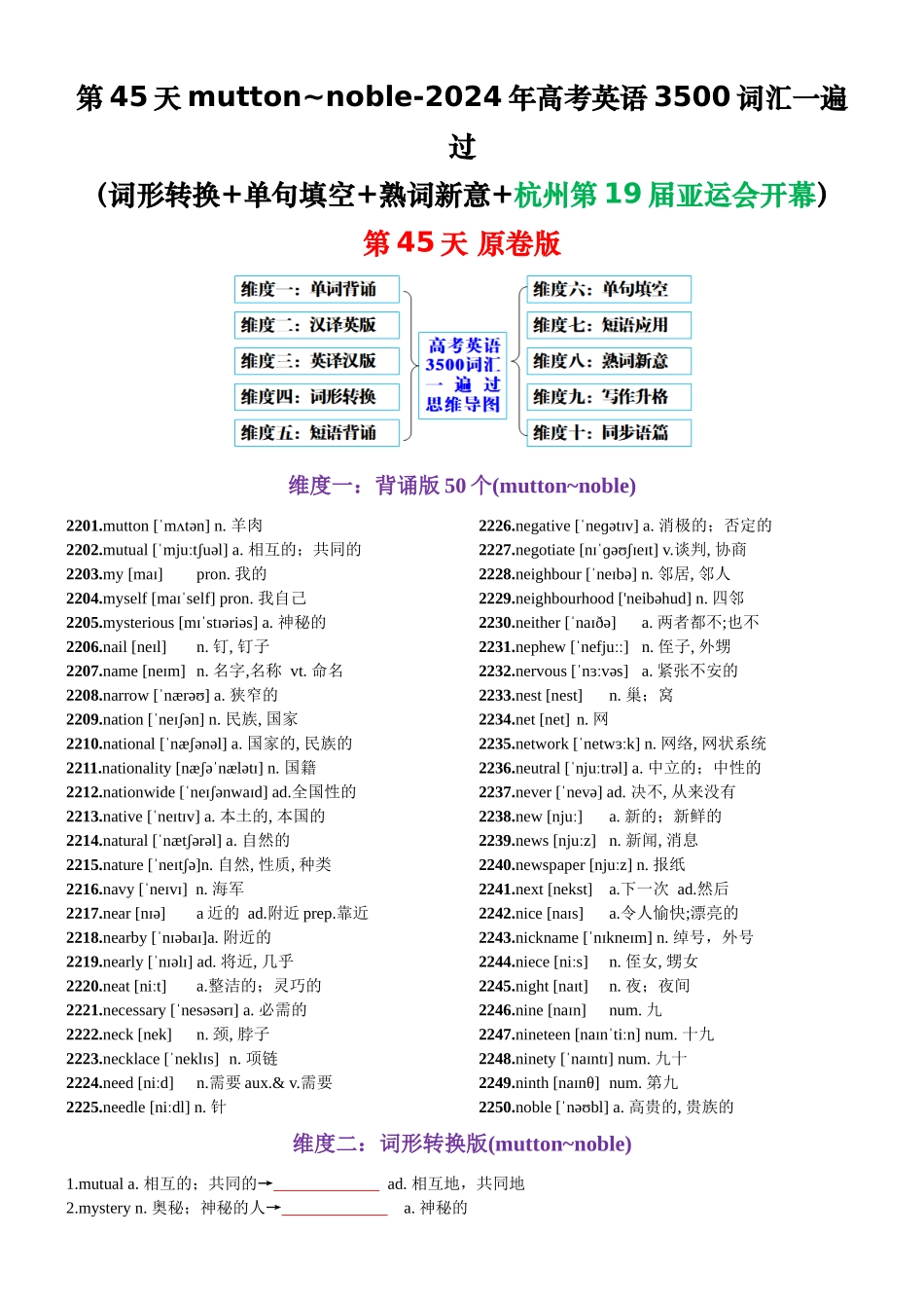 第45天 mutton~noble（词形转换+单句填空+熟词新意+杭州第19届亚运会开幕）-2024年高考英语3500词汇一遍过（原卷版）.docx_第1页