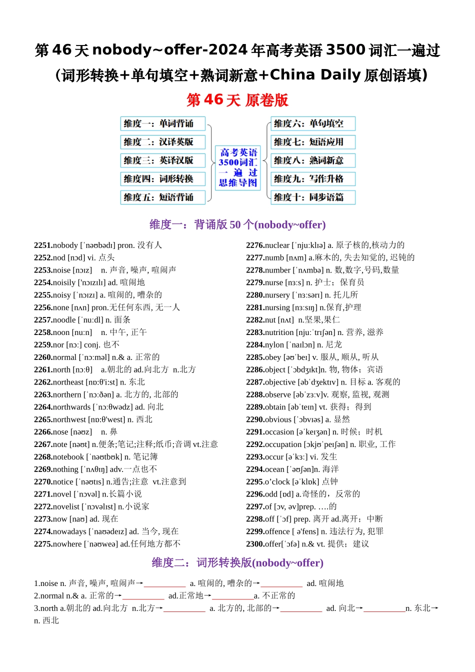 第46天 nobody~offer（词形转换+单句填空+熟词新意+China Daily原创语填）-2024年高考英语3500词汇一遍过（原卷版）.docx_第1页