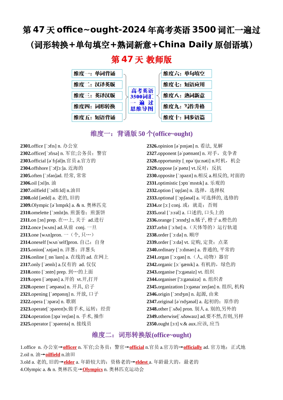 第47天 office~ought（词形转换+单句填空+熟词新意+China Daily原创语填）-2024年高考英语3500词汇一遍过（教师版）.docx_第1页