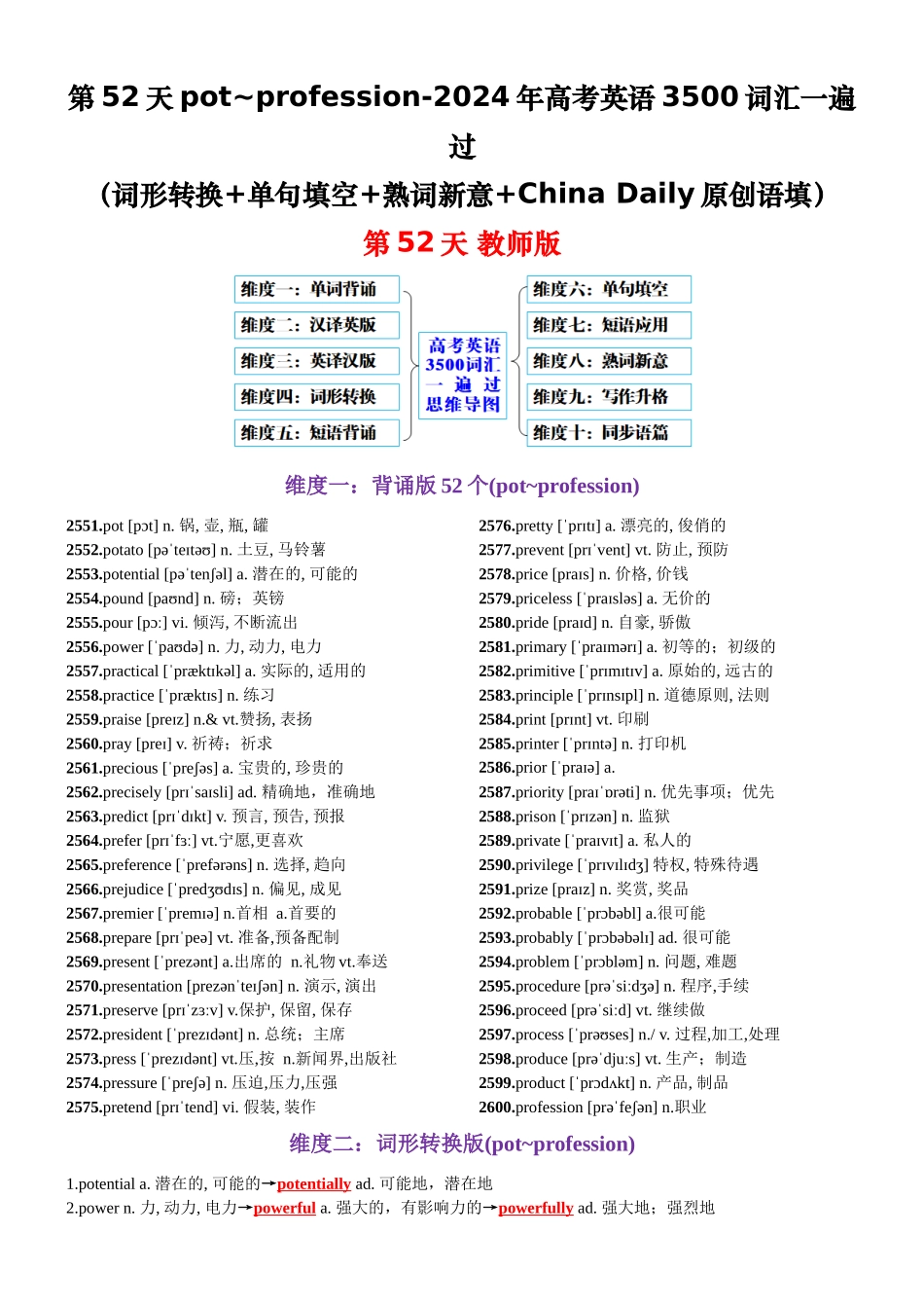 第52天 pot~profession（词形转换+单句填空+熟词新意+China Daily原创语填）-2024年高考英语3500词汇一遍过（教师版）.docx_第1页