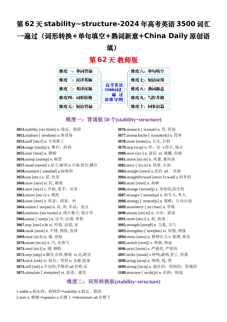 第62天 stability~structure（词形转换+单句填空+熟词新意+China Daily原创语填）-2024年高考英语3500词汇一遍过（教师版）.docx_第1页