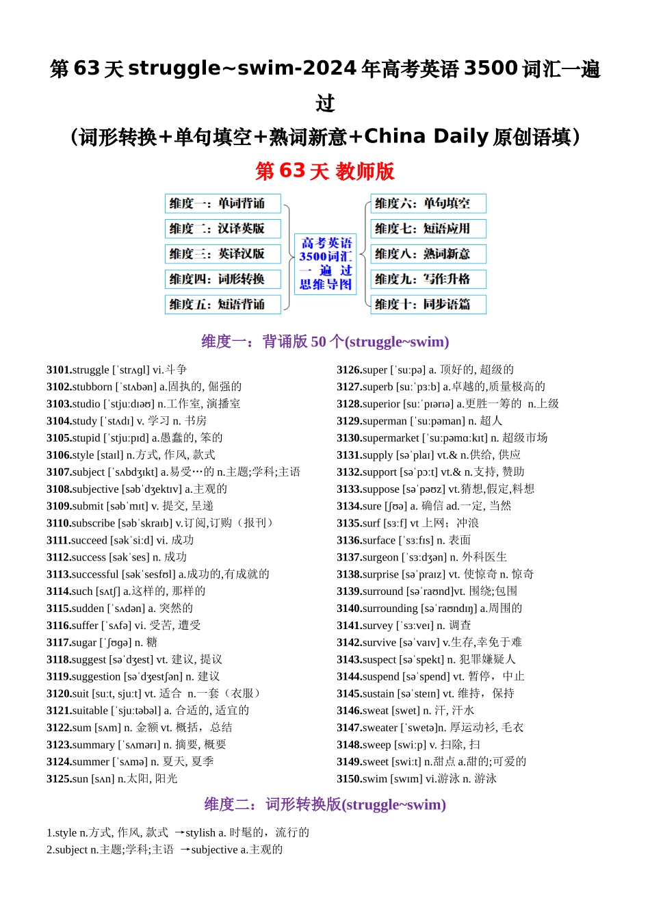 第63天 struggle~swim（词形转换+单句填空+熟词新意+China Daily原创语填）（教师版）.docx_第1页