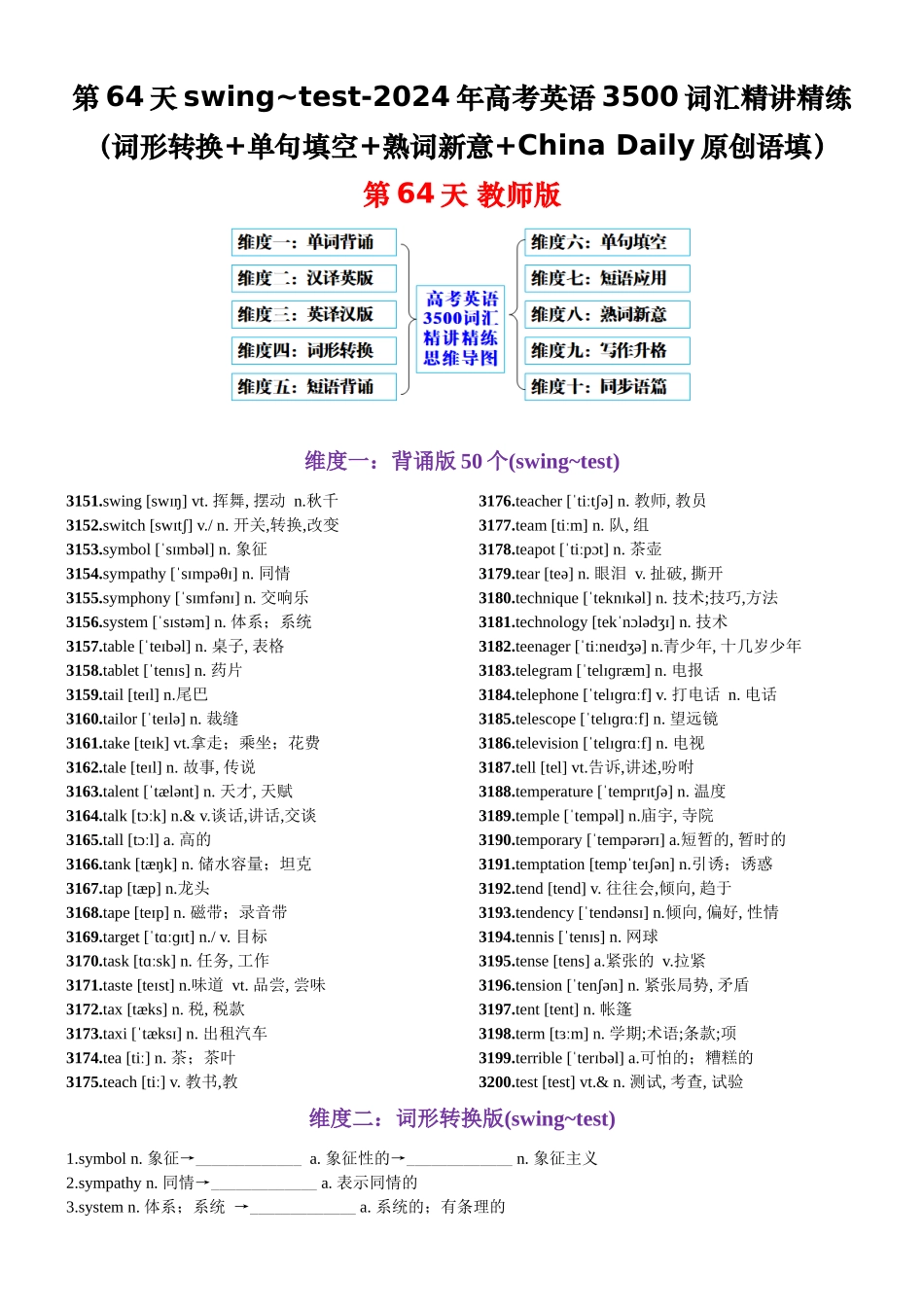 第64天 swing~test（词形转换+单句填空+熟词新意+China Daily原创语填）-2024年高考英语3500词汇精讲精练（原卷版）.docx_第1页