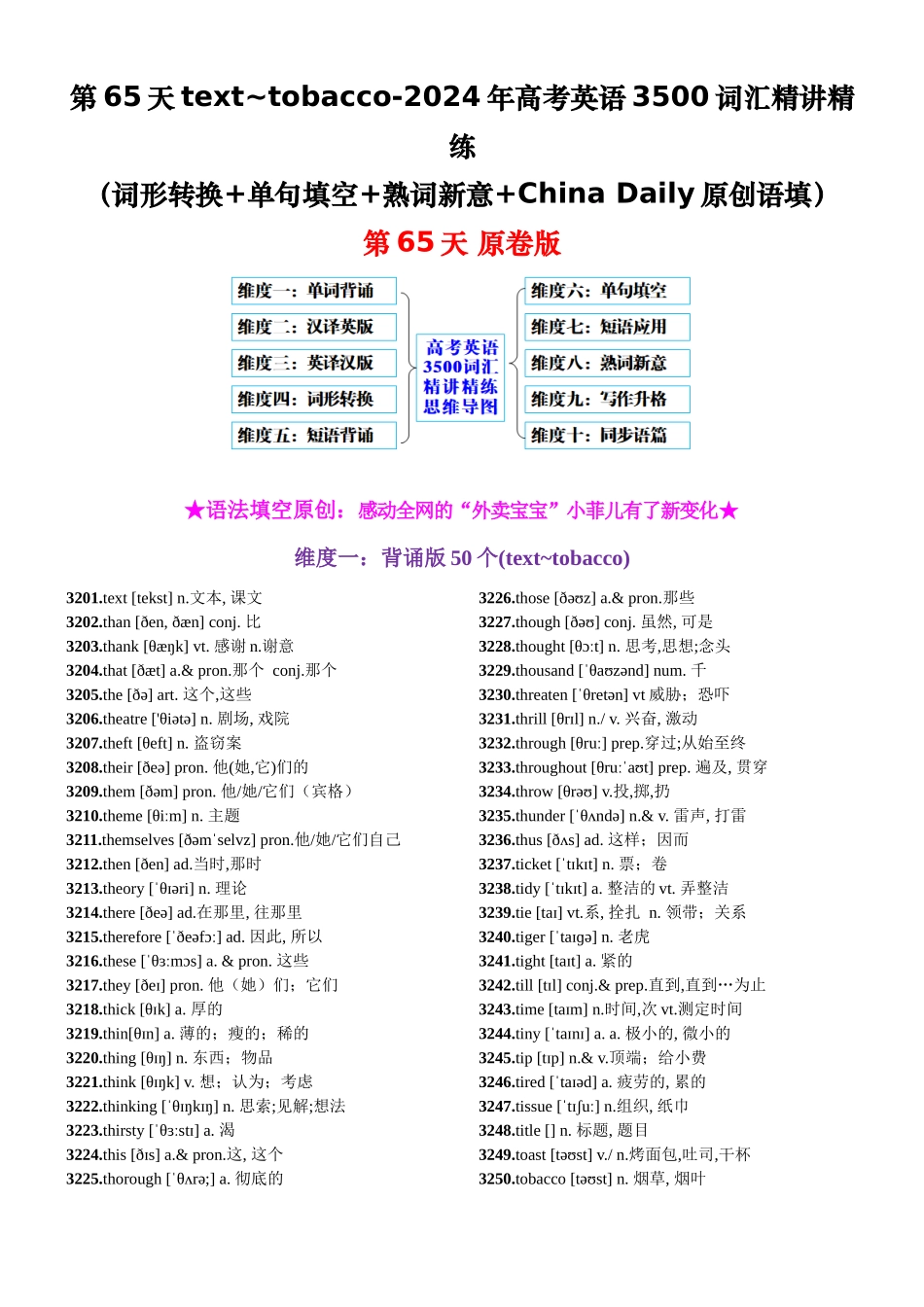 第65天 text~tobacco（词形转换+单句填空+熟词新意+China Daily原创语填）-2024年高考英语3500词汇精讲精练（原卷版）.docx_第1页