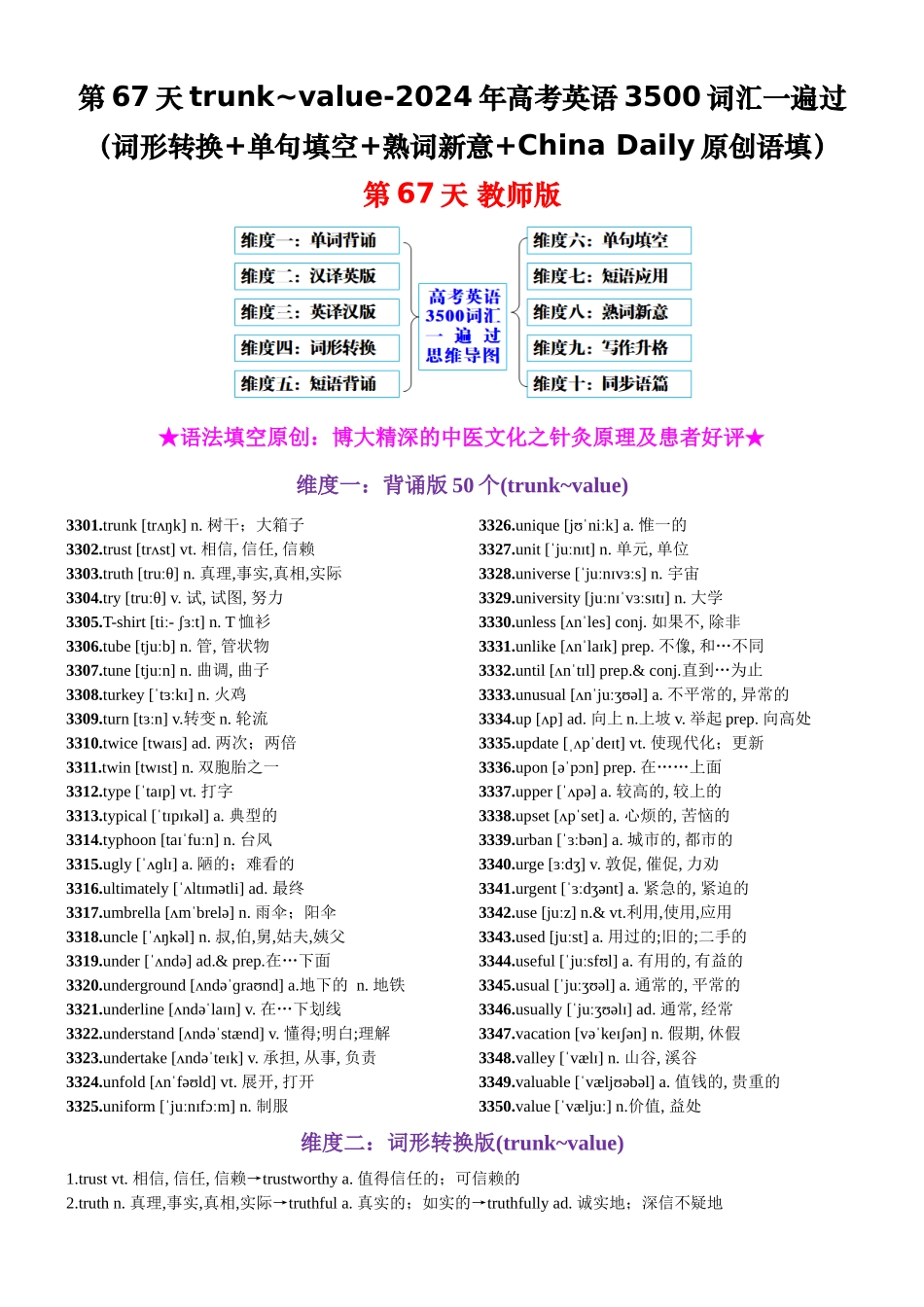 第67天 trunk~value（词形转换+单句填空+熟词新意+China Daily原创语填）-2024年高考英语3500词汇精讲精练（教师版）.docx_第1页