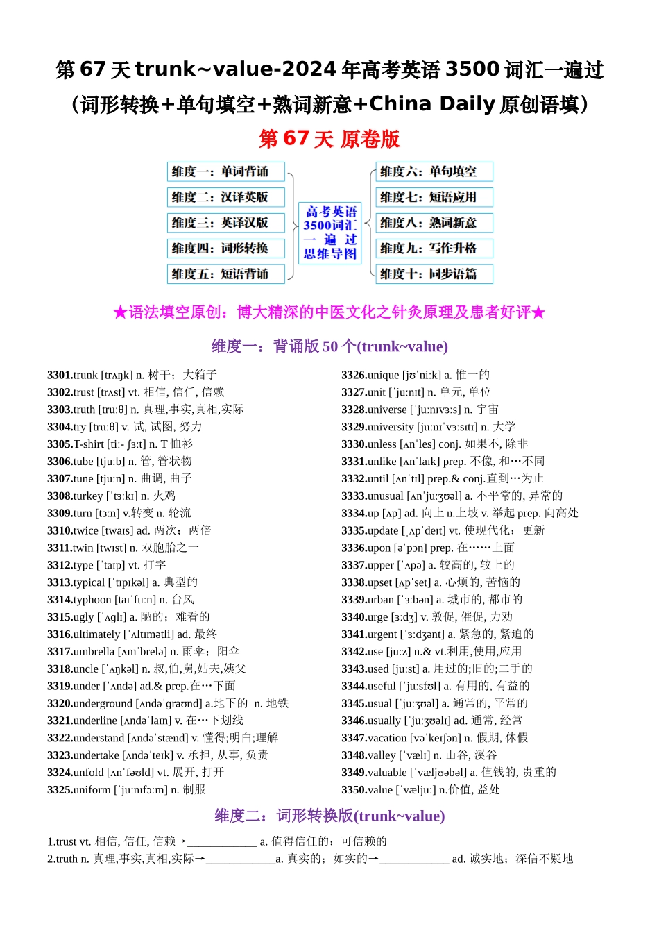 第67天 trunk~value（词形转换+单句填空+熟词新意+China Daily原创语填）-2024年高考英语3500词汇精讲精练（原卷版）.docx_第1页
