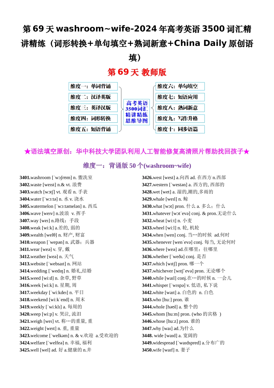 第69天 washroom~wife（词形转换+单句填空+熟词新意+China Daily原创语填）-2024年高考英语3500词汇精讲精练（教师版）.docx_第1页