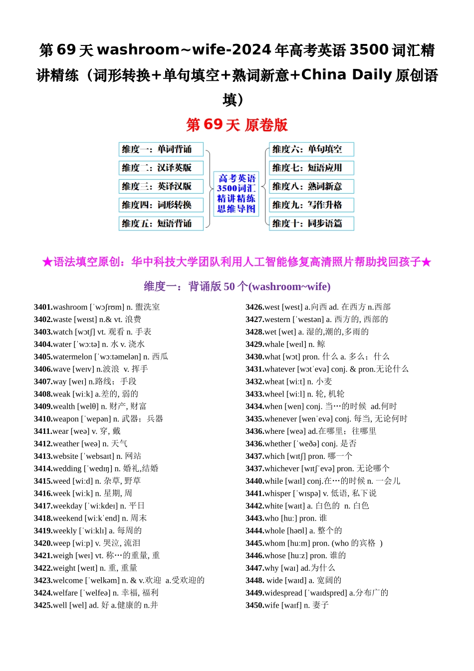 第69天 washroom~wife（词形转换+单句填空+熟词新意+China Daily原创语填）-2024年高考英语3500词汇精讲精练（原卷版）.docx_第1页