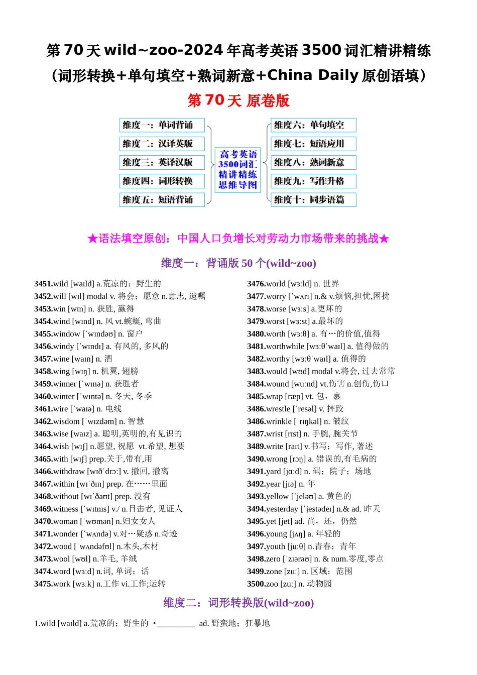 第70天 wild~zoo（词形转换+单句填空+熟词新意+China Daily原创语填）-2024年高考英语3500词汇精讲精练（原卷版）.docx_第1页